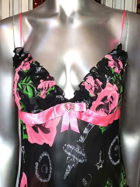 Vintage Betsey Johnson Slip Dress Y2K Black Floral Rose Jewelry Print Babydoll M - Picture 2 of 15